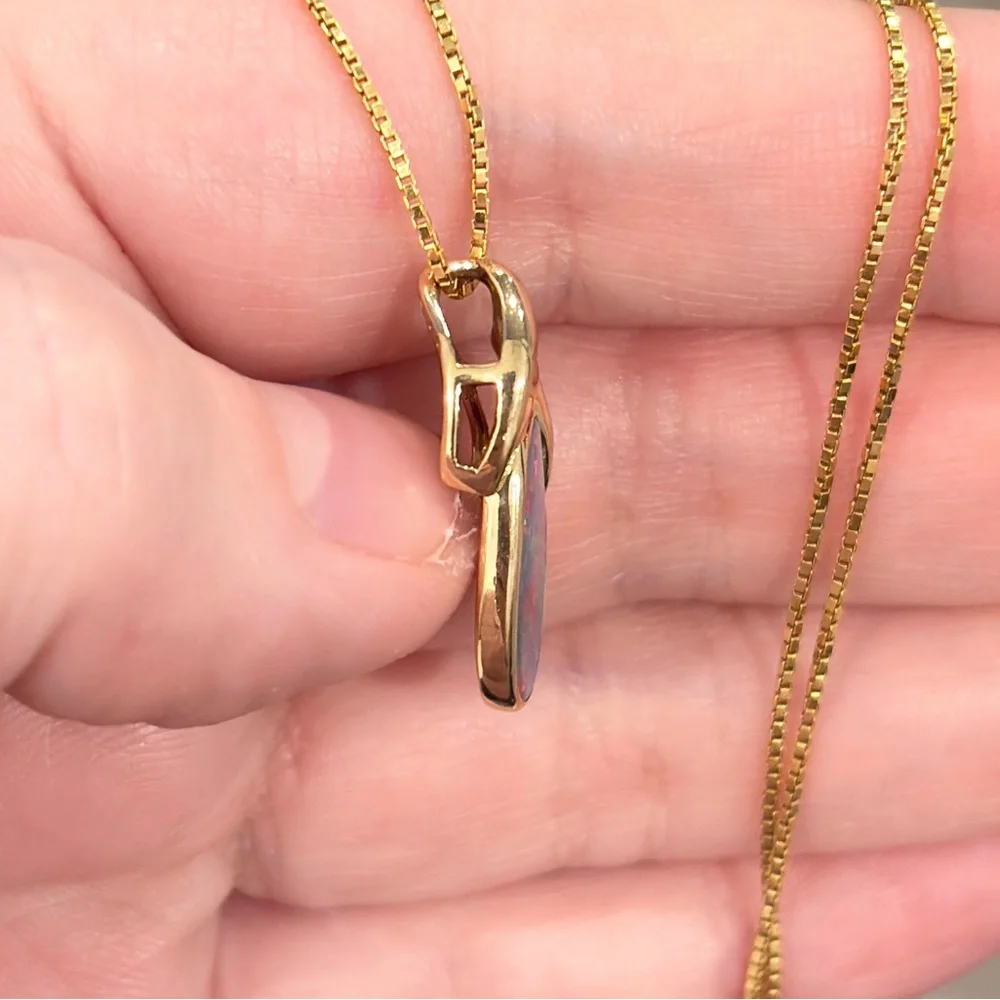 14K Australian Opal Pendant, Vintage Doublet, Crystal Dark Natural, Colorful IOG - Picture 12 of 14
